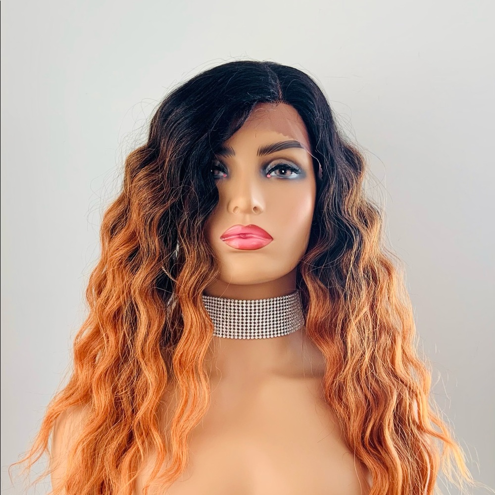 Long Wavy Ombre Orange Copper Premium Fiber Lace Front Wig for Daily Wear/Events